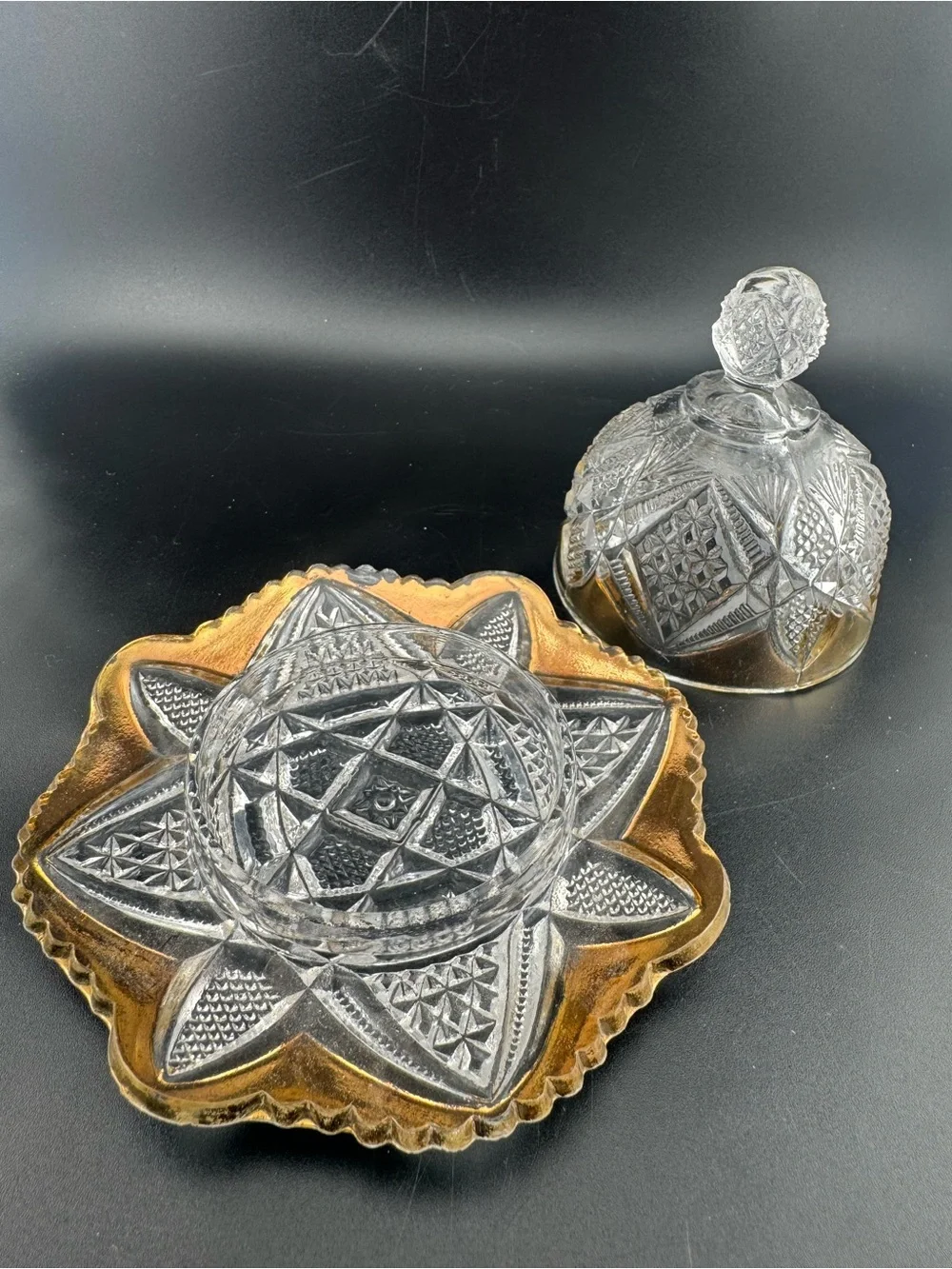 Antique EAPG Butter Dome with Star Motif - Clear and Gold Trim